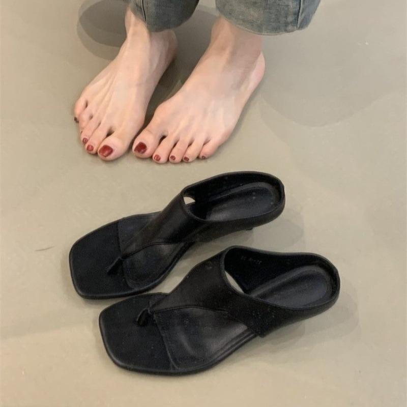 Spring Summer New Style Mid Heels Sandals Women's Flip Flops Comfortable Slimming High Heels Slip-On Shoes Korean Style Slippers