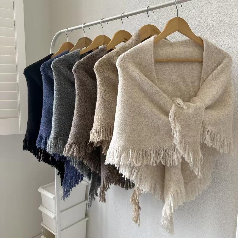 Winter Warm Wool Blended Scarves for Women Solid Color 175cm Large Triangle Shawl with Tassels