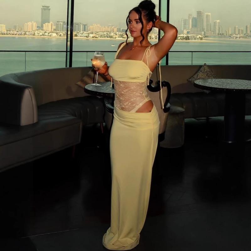 Летний Новый Женский Горячий Сексуальный Кружевной Прозрачный Облегающий Комбинезон на Бретельках Группа S жёлтый