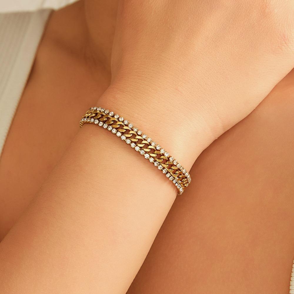 Trend Personality Stainless Steel Gold Color Shining Brightly Double-row Zircon Inlay Adjustable Bracelet for Women Jewelry Gift