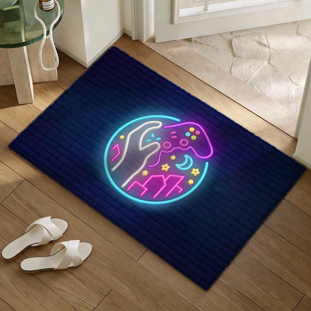 Neon Gamepad Game Zone Floor Mat Soft Flannel Non-Slip Door Mat - Thickened Rug for Living Room Home Decor