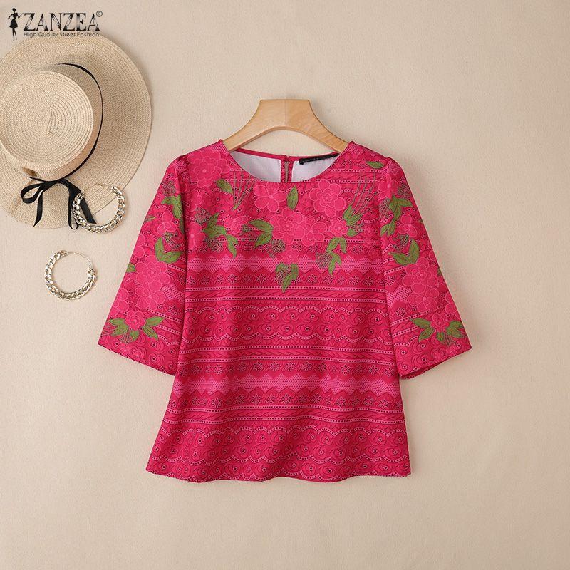 ZANZEA Women Casual Round Neck Half Sleeve Loose Print Blouse