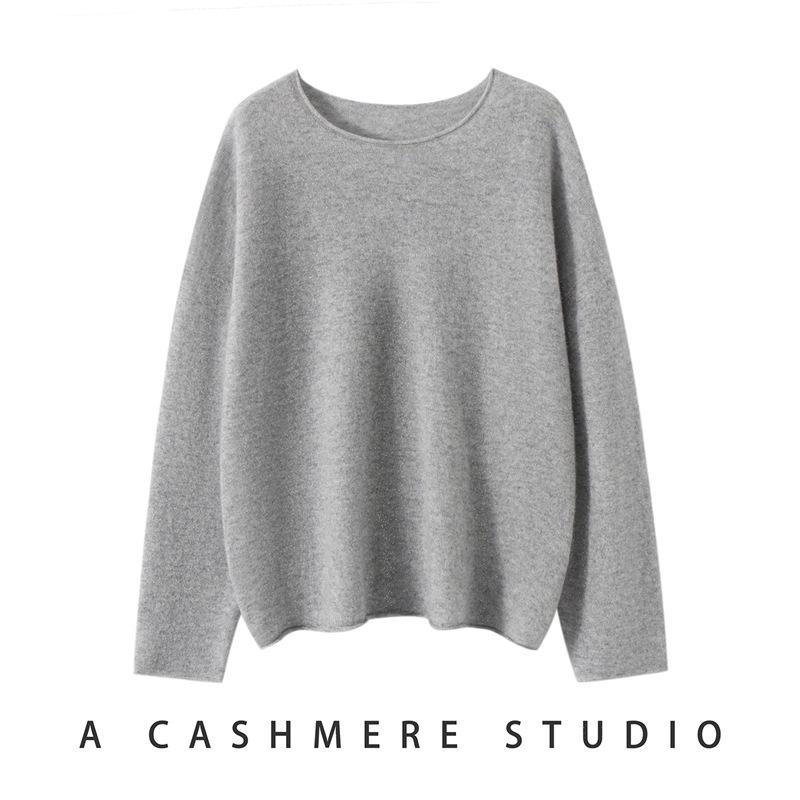 Early Autumn Lightweight Gold Thread Pure Cashmere Solid Round Neck Loose Pullover Sweater for Women