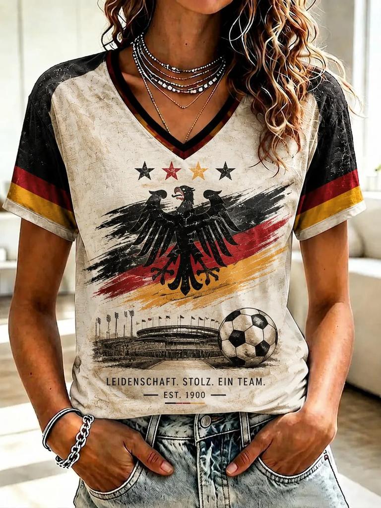 German Women Football Supporter V Neck Mesh Tee Graphic Flag Stripe Cuff Summer Casual Short Sleeve T Shirts Family Matching