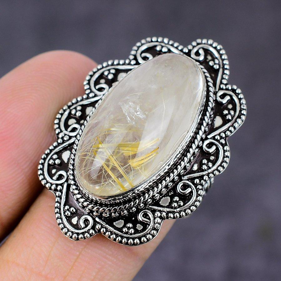 Golden Rutile Gemstone Handmade 925 Sterling Silver Jewelry Ring Size 8 F7E68