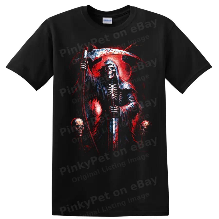 Grim Reaper Skull T Shirt Gothic Horror Scythe Red Blue Distressed Graphic Tee