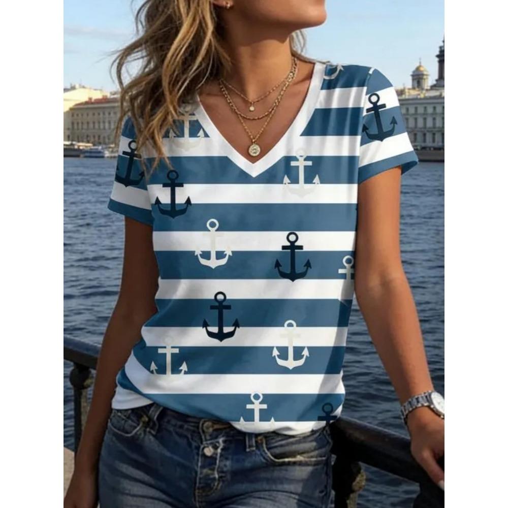 Fashion Retro Stripes 3D Personality Printed Summer T-shirt Women's Loose Comfortable Soft Breathable V-neck Short Sleeved T-shirt