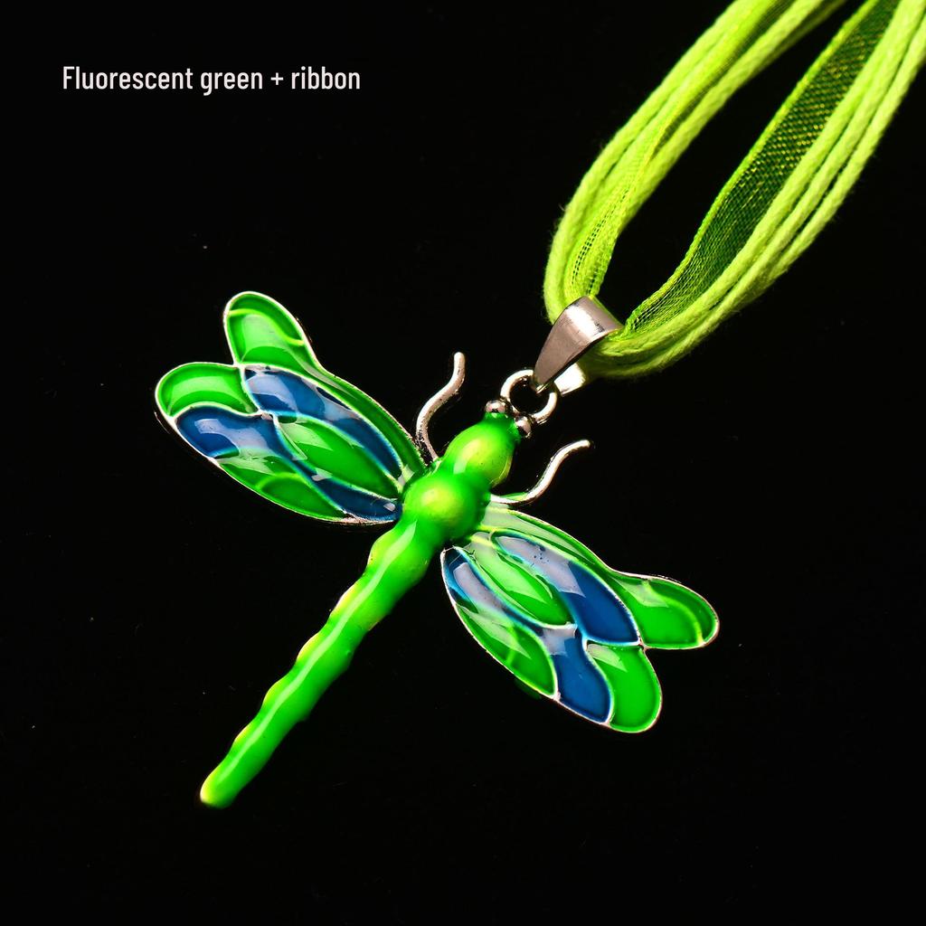 Silver Dragonfly Necklace with Luminous Butterfly - Retro Forest-Inspired