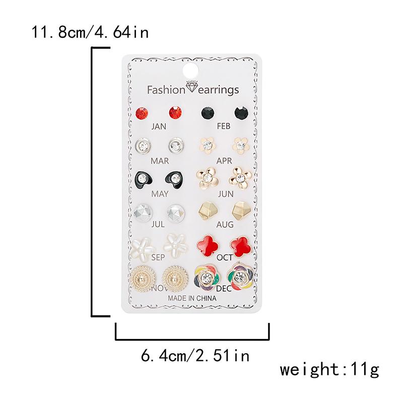 12Pairs Combination Stud Earrings Set  Imitation Pearl Flower Heart Star Small Earrings For Women Mix Style Month Jewelry