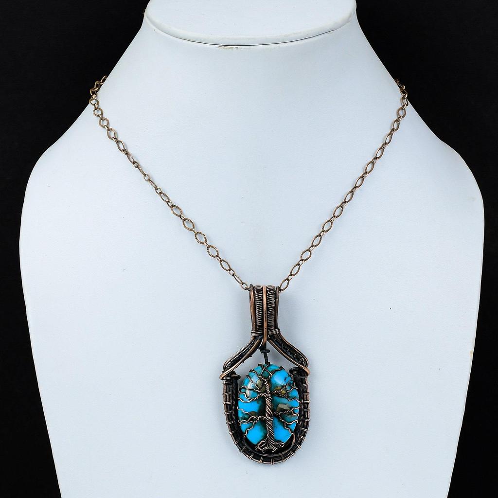 Baum des Lebens, türkiser Edelstein, reiner Kupferdraht, umwickelt, handgefertigter Anhänger-Schmuck