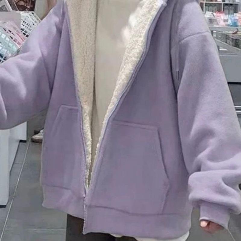 Purple Lamb Wool Zip-Up Thickened Hooded Sweatshirt Jacket Autumn Winter Cardigan