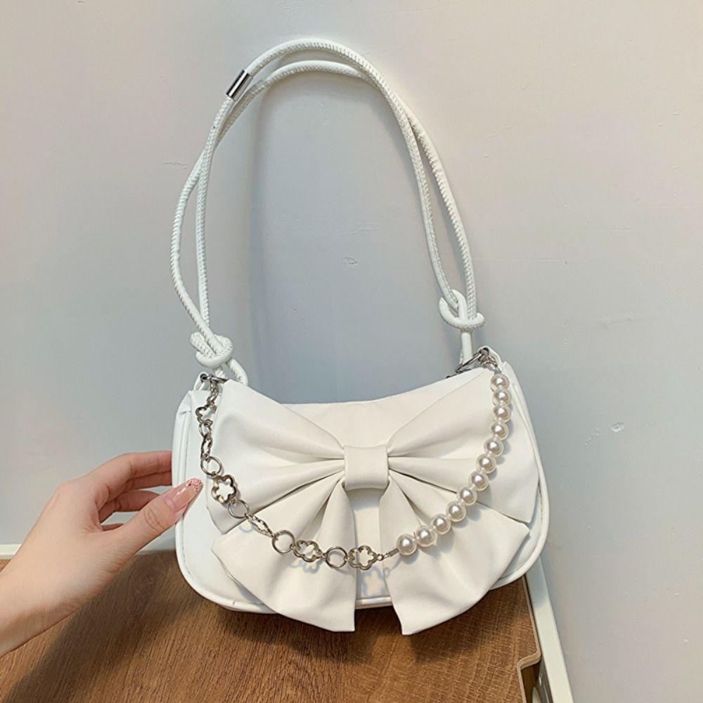 Solid Color Women Armpit Bag PU Leather Bow Tote Bag Cute Bowknot Shoulder Bucket Bag  Outdoor