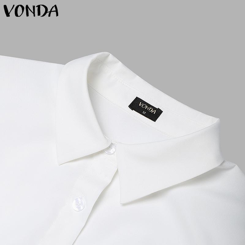 VONDA Women Turn-down Collar Short Sleeve Slim Waist Casual Short Blouse