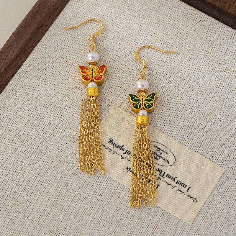 Elegante chinesische Quasten- & Perlenohrringe mit Glasur-Blumendesign für Damen