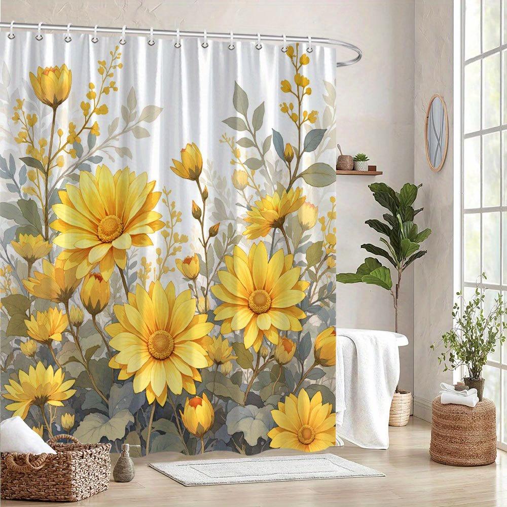 1 Serenity Garden Daisy Shower Curtain, with realistic yellow daisy and green leaf pattern, machine washable, with hooks
