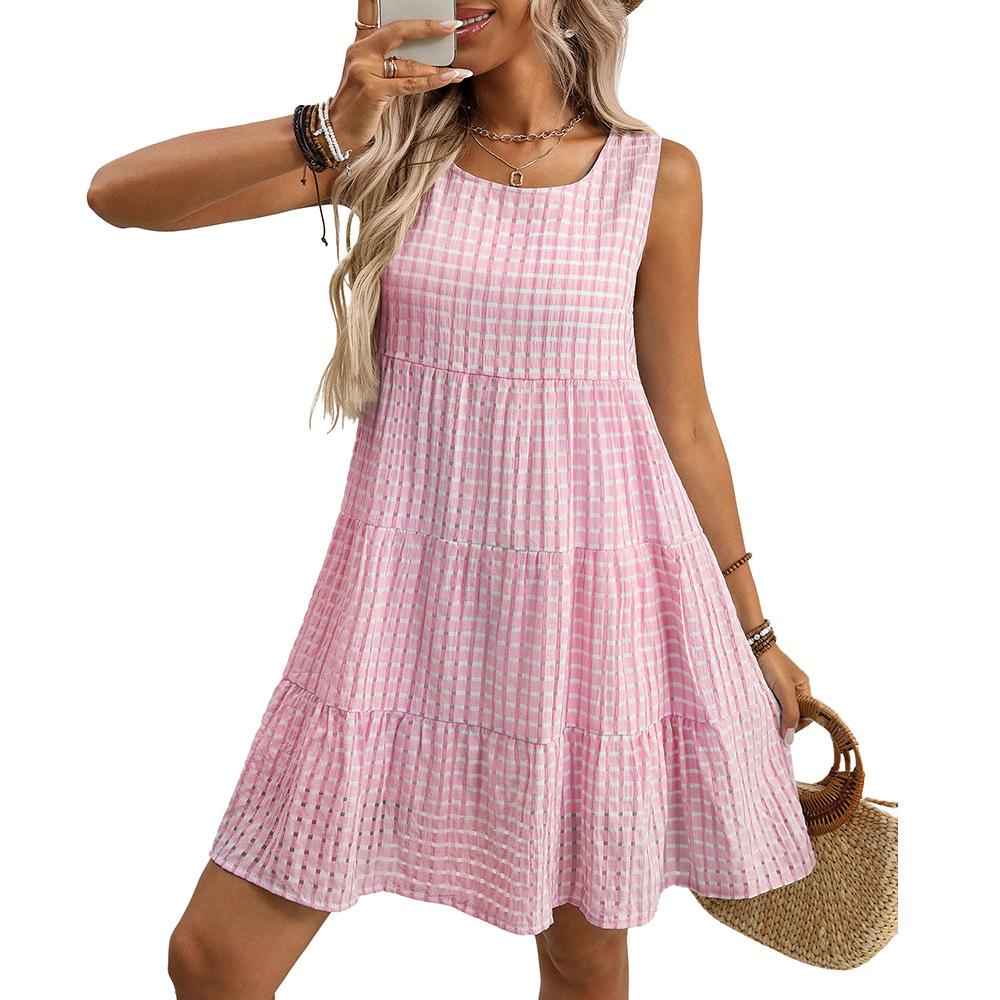 Women's Pink Checkered Tiered Sundress Summer Casual Sleeveless Dress with Layered Skirt