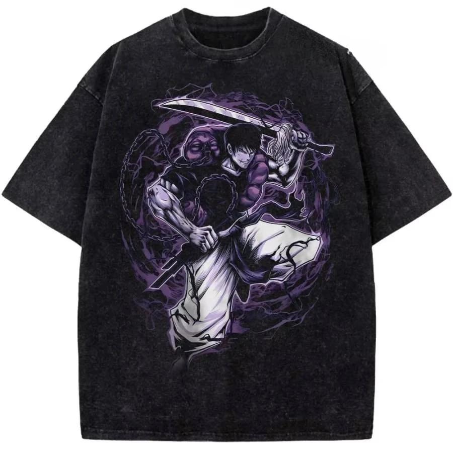 Neues Top Heißblütiger Anime Gojo Vintage Oversize T-Shirt Säuregewaschen Jujutsu Kaisen Herren Damen Baumwolle Harajuku Lässiges T-Shirt