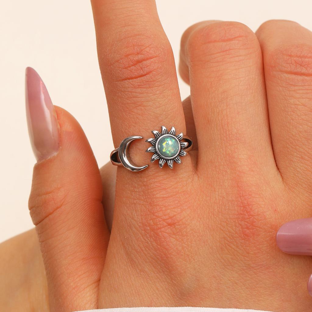 Sun and Moon Open Ring for Women Adjustable Sparkling Accent Celestial Statement Ring