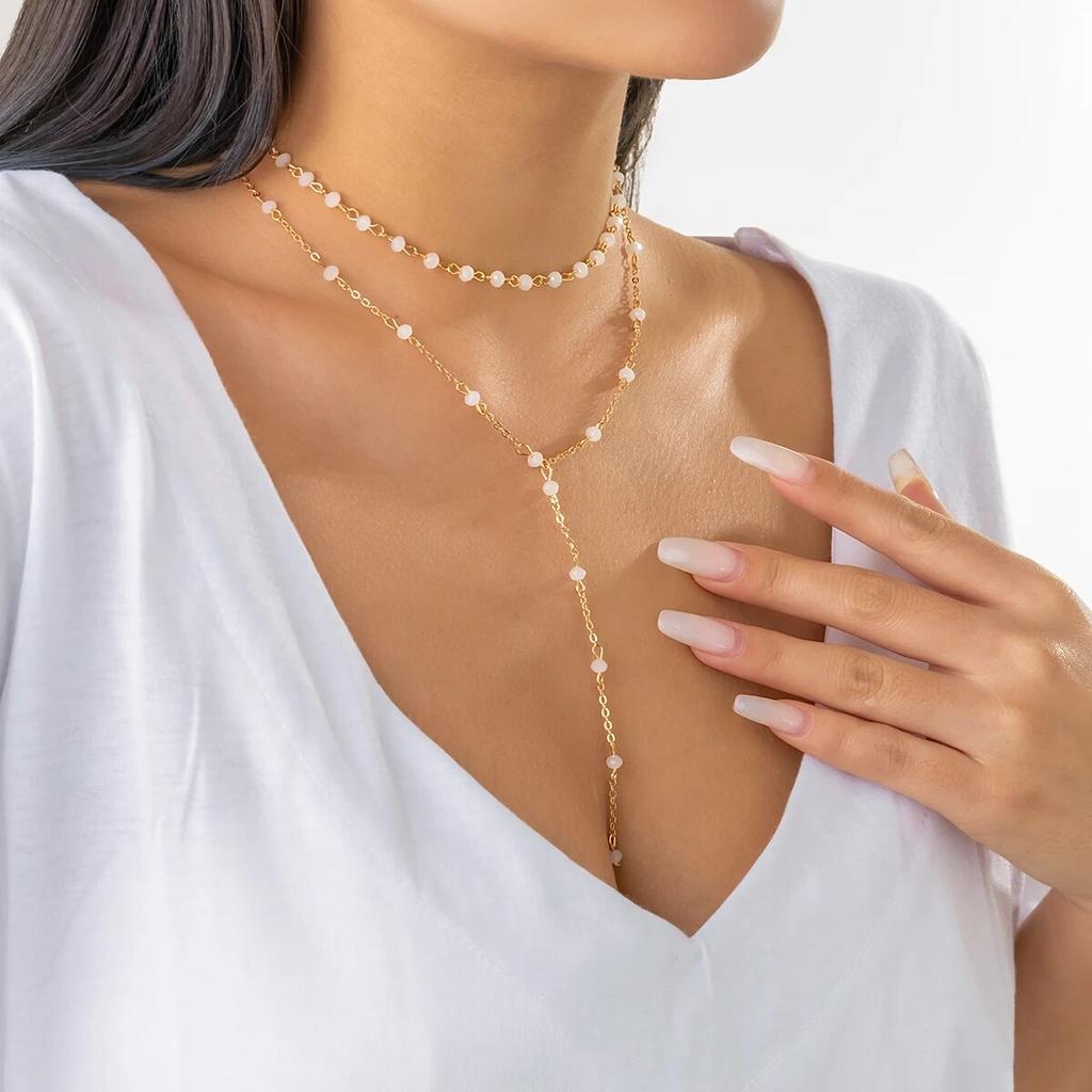 Salircon Boho Multi-camadas Cristal Contas Corrente Colar Sexy Longo Pingente Borla Frente Peito Corrente Colar Moda Festa Jóias