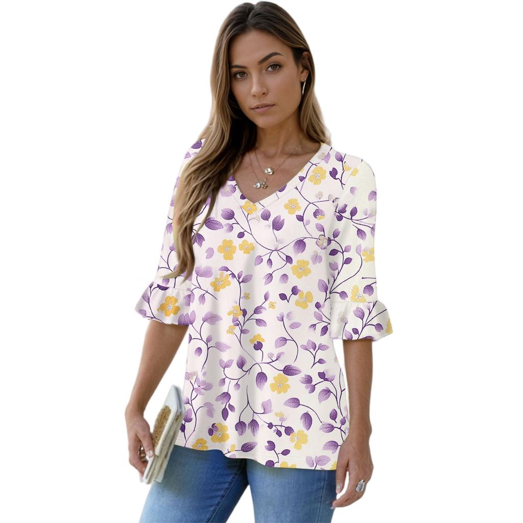 Women's Casual 3/4 Sleeve Tops V-Neck Sleeve T-Shirt Floral Print Tops