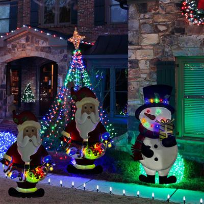 Christmas Stake Light Decoration Lighted 2D Santa Claus Snowman Yard Sign Outdoor Metal Ground Stake for Christmas Garden Lawn Decor