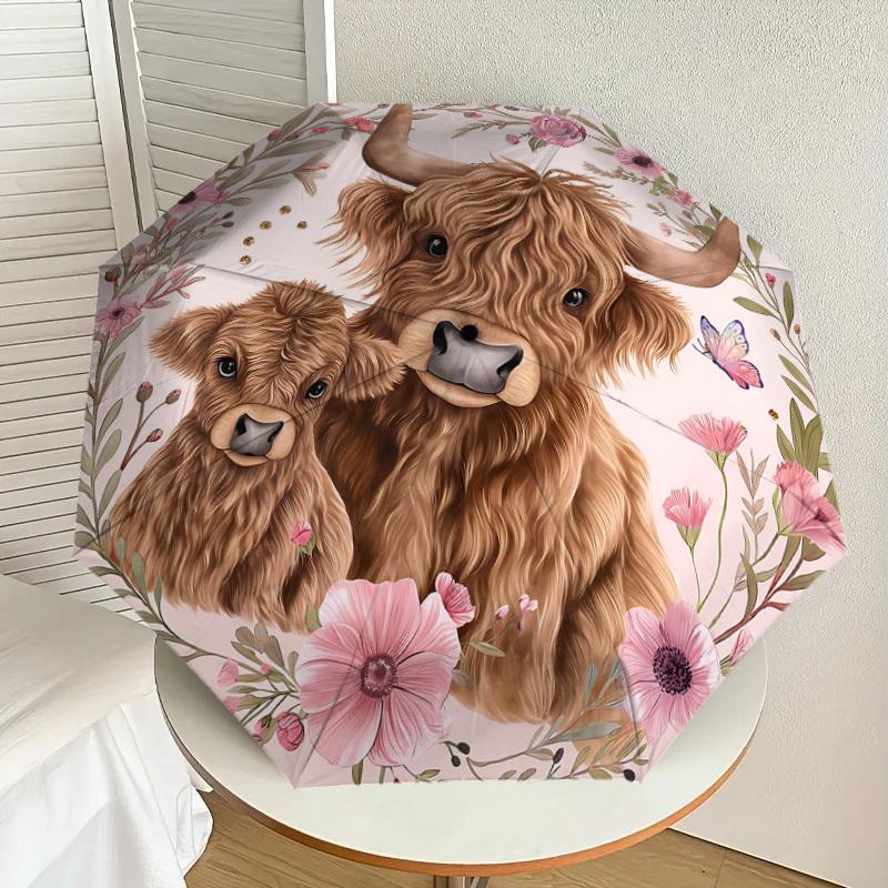 1 Stück Highland+Kuh-Regenschirm - 8 Speichen verstärkt, Automatisches Öffnen, Leicht & Langlebig, Süßes Modeaccessoire für Draußen - F2632