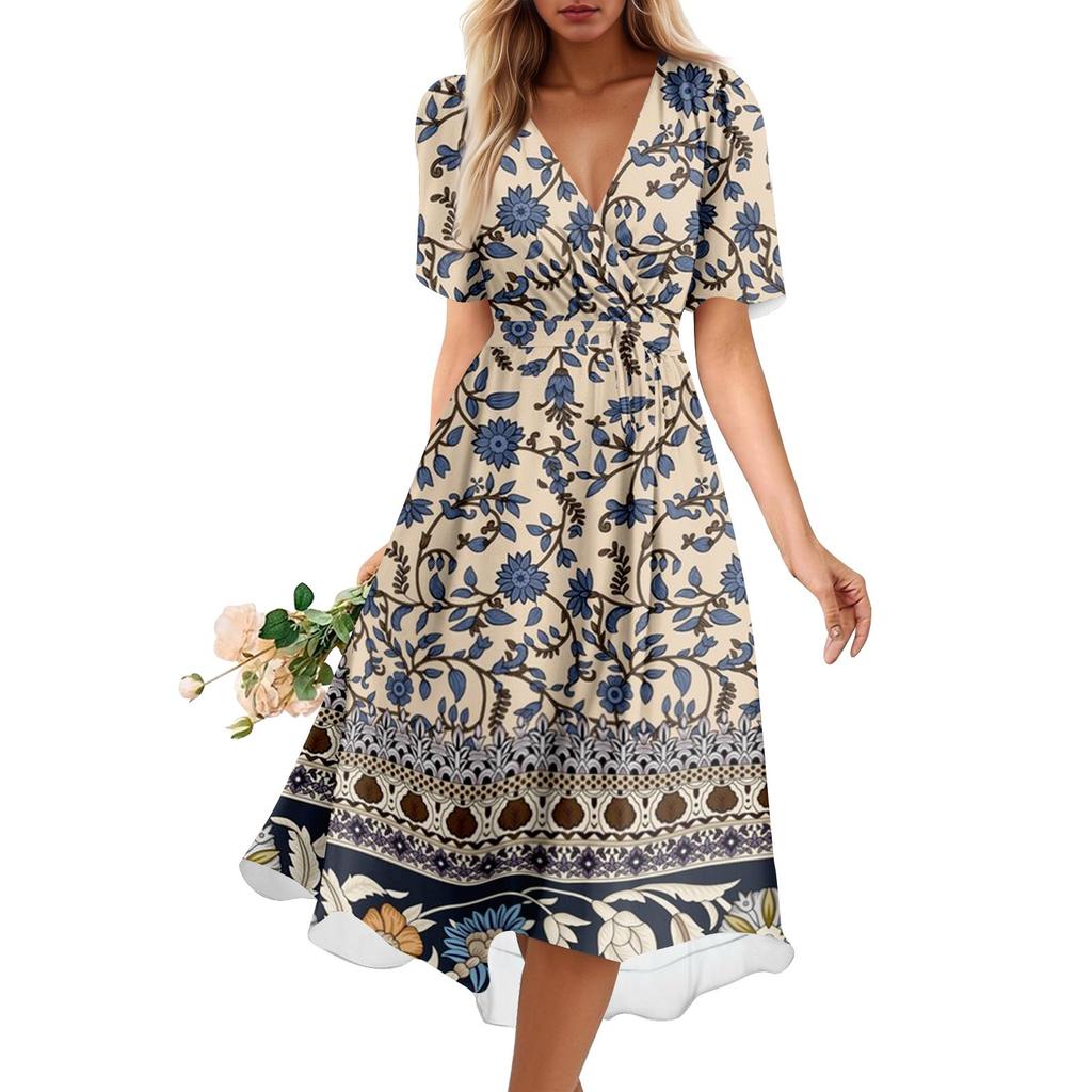 Women's Summer Loose V Neck Short Sleeve Dress, Elegant Dress