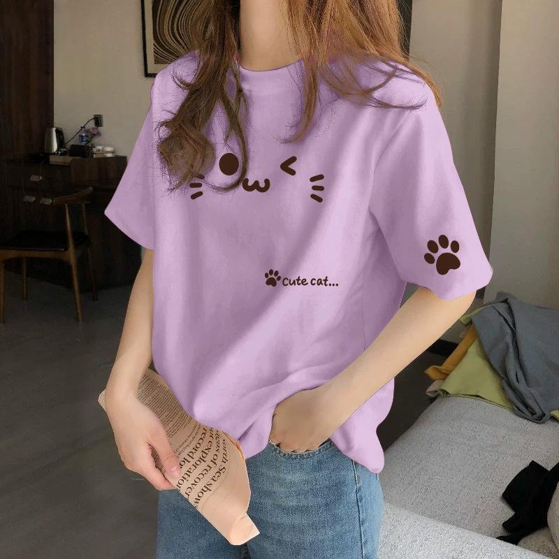 Women's Round Neck Short Sleeve Graphic Top Loose Fit Casual T Shirt 2026 Spring Pure Cotton Mid Length Pullover with Cute Cat Face Paw Print Pattern
