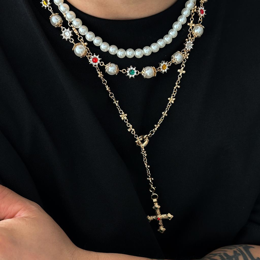 SHIXIN 3 Pcs Trendy Imitation Pearl Rhinestone Flower Long Tassel Necklace for Men Vintage Cross Pendant Necklace Neck Jewelry