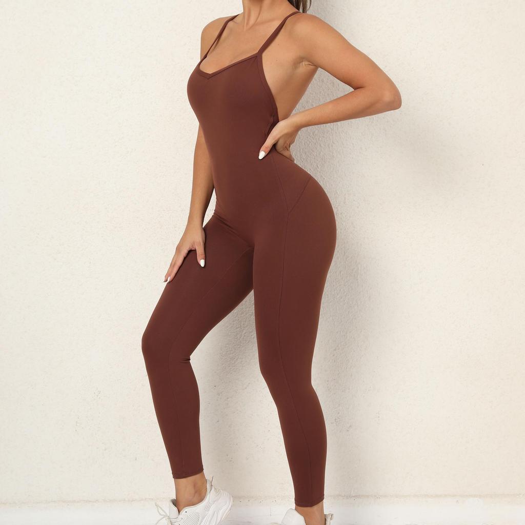 Europäischer & Amerikanischer V-Ausschnitt Rückenfreier Yoga Jumpsuit - Enganliegende Sport- & Fitnessbekleidung für Damen