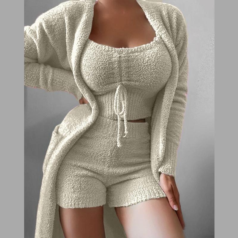 

3 предмета однотонной пижамы женские осенние бархатные кружевные укороченные топы шорты костюм кардиганы пальто модные удобные пижамы шорты комплекты M абрикосовый