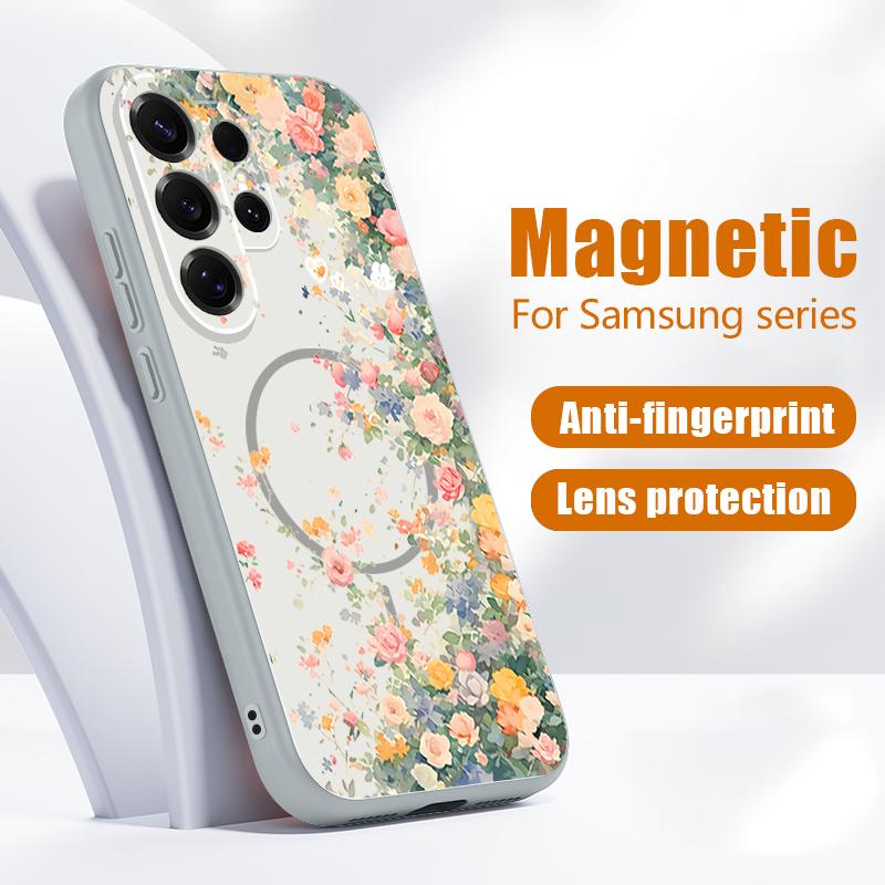 Magnetic For Magsafe Case For Samsung Galaxy S26 Ultra S25 Edge S24 Plus S23 FE S22 A54 A55 A56 5G Flower Garden Pattern Matte Cover
