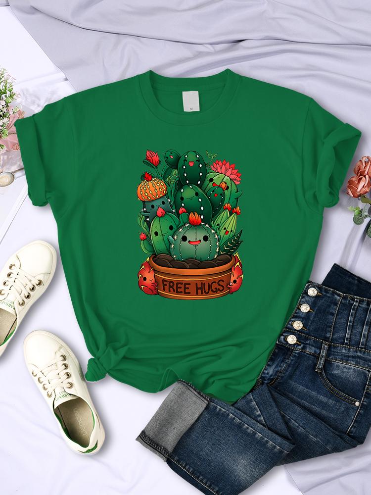 Cute Plant Cactus Free Hugs Print Women T-Shirt Personality Casual All-math Tee Clothing Street Hip Hop Tops Female Short Sleeve