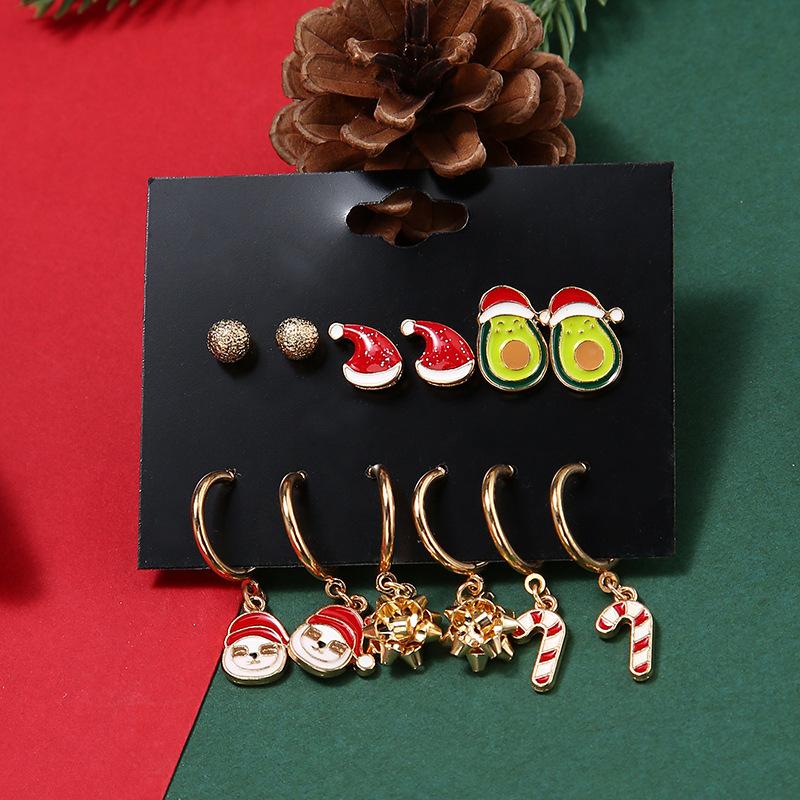 Christmas stud earrings combination new cartoon holiday alloy dripping elk old man bell earrings set