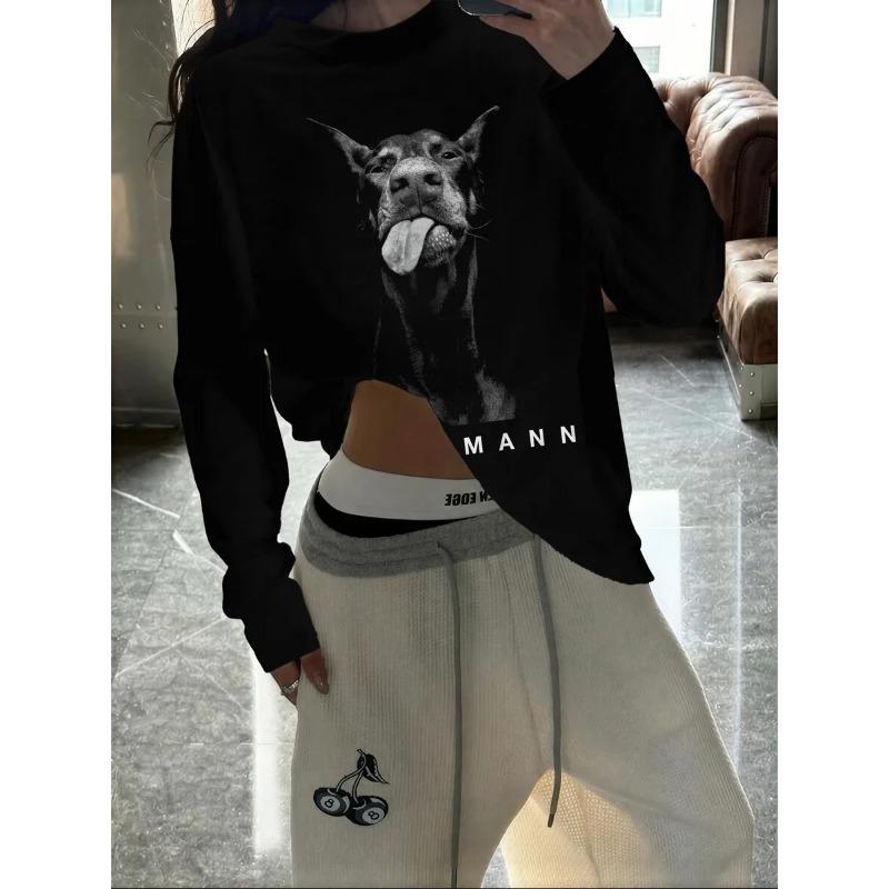Black "Dobermann" Long Sleeve Shirt, Trendy Animal Graphic Top
