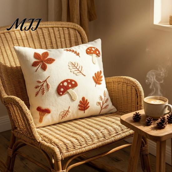 Embroidered Mushroom Cushion Covers Autumn Pillowcase, Leaf Throw Pillow Cover, 18"x18" 20"x12" Cozy Living Room Decor Farmhouse Cover for Sofa