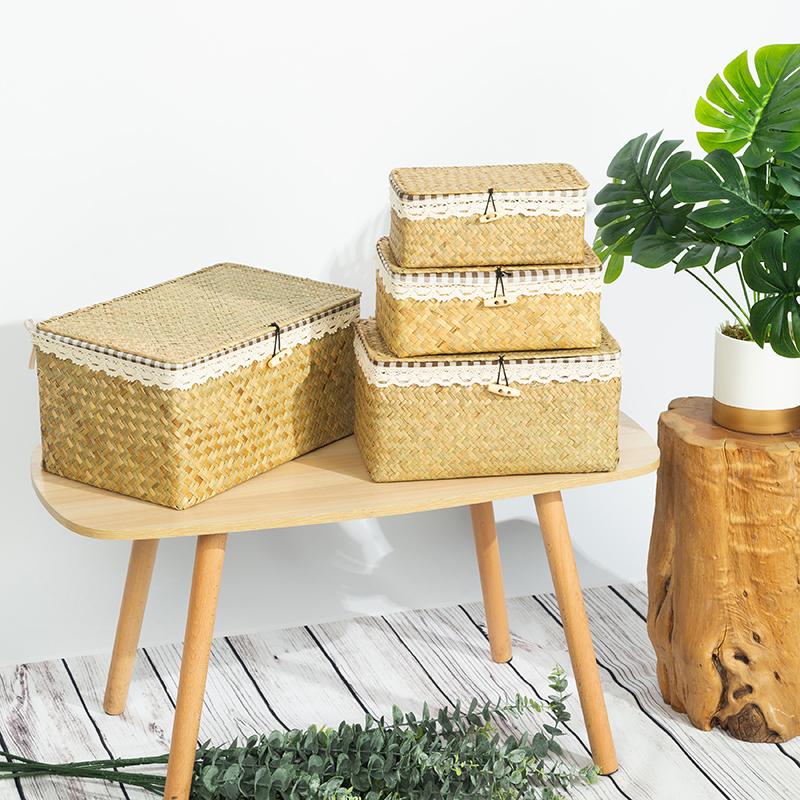 Wicker Basket with Lids Nautral Seagrass Storage Box Basket Woven Rectangular Bins Container Rattan Storage Organizer