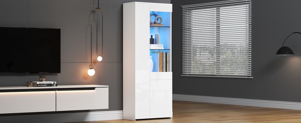 70*35*180cm Display Cabinet with Drawers, Glossy, Glass with LED Lighting, Tall Cabinet, Standing, Partition Storage, Recommended Load Capacity 45kg
