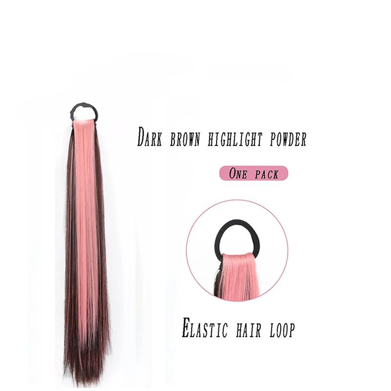 Sweet and Cool Cross Dyed Ponytail, Dark Brown and Pink Straight Hair, Synthetic Wig Ponytail, Suitable for Women's Daily Wear