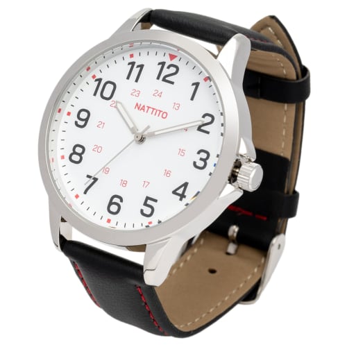 

Fieldwork Women s Analog Watch with Leather Strap, Easy-to-Read Color Stitching, 24-Hour Display, Men s Style, Black, Sewing, ST298-4