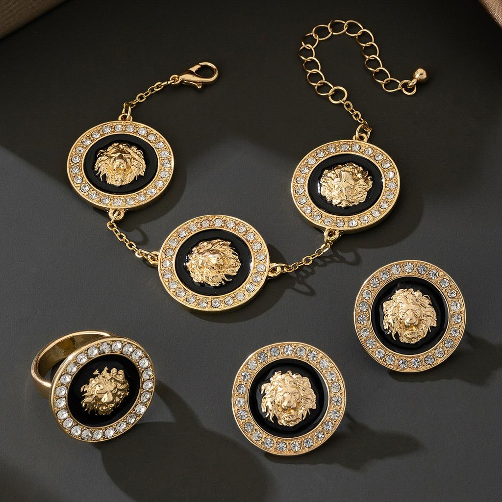 Trendy Lion Head Diamond Pendant Necklace Bracelet Stud Earrings Trendy Personality Jewelry Set