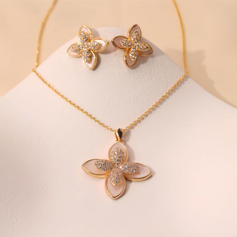 Gold Plated Clover Leaf Jewelry Set Women - Earrings Necklace Minimalist Fashion Accessory Hypoallergenic Copper Alloy