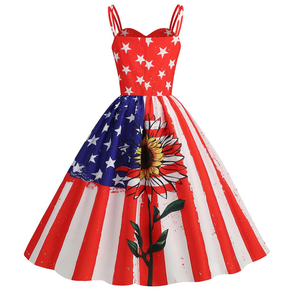 Women's Sexy Spaghetti-Strap Retro Dress With American Flag Print For Summer