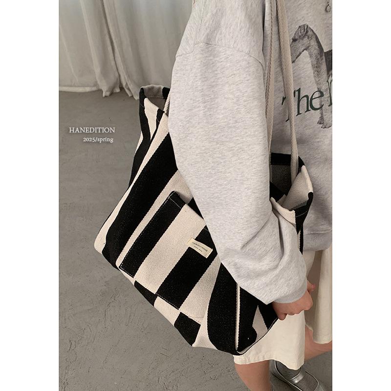 Bag Korean Lazy Wind Underarm Bag 2025 New Casual Striped Canvas Bag Large Capacity Shoulder Shopping Bag Bag