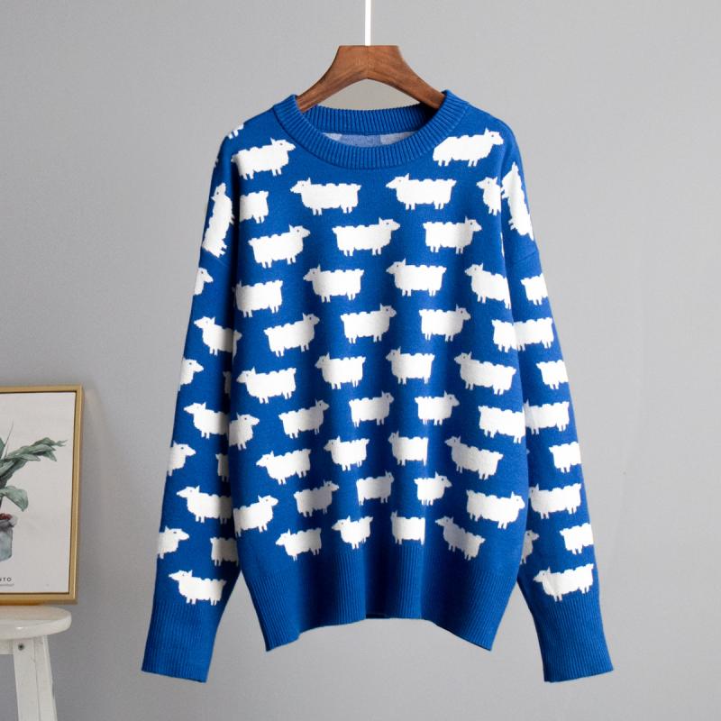 Lockerer Pullover mit Schafdruck Übergröße Damen O-Ausschnitt Langarm Damenpullover Herbst Winter Dick Warm Lässige Pullover