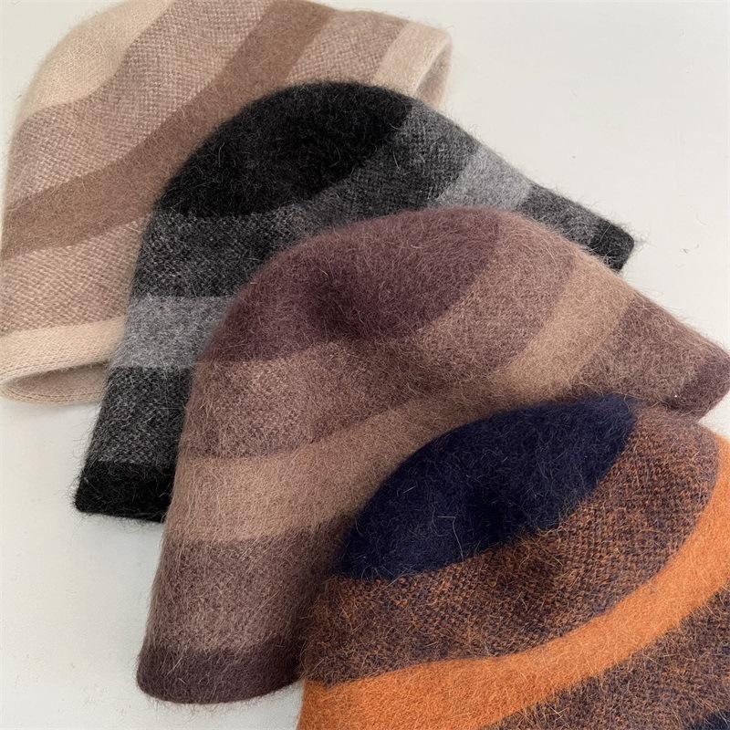 Contrasting Color Rolled Brim Wool Bucket Hat Women's Autumn and Winter Temperament Elegant Warm Basin Hat Versatile Velvet Wool Hat