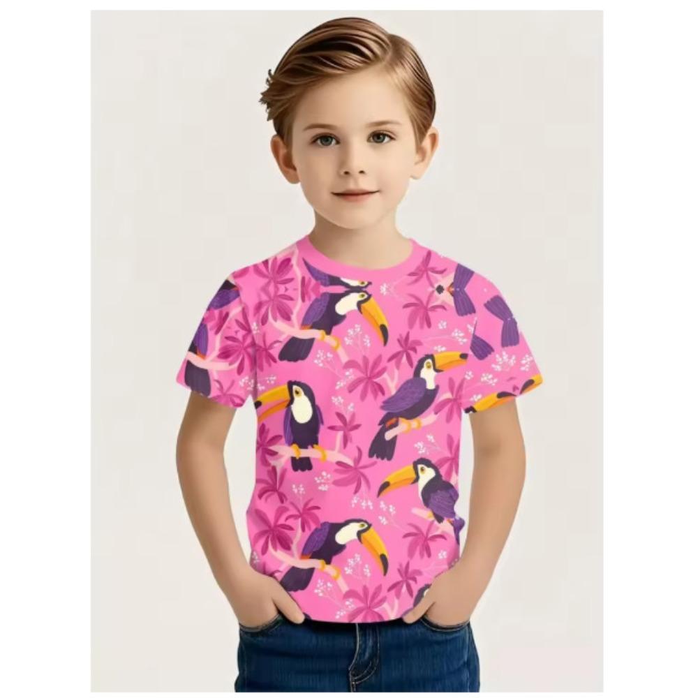 Fashionable Summer Children's T-shirt Parrot Beach Printing Soft Comfortable Breathable Round Neck Short Sleeved T-shirt