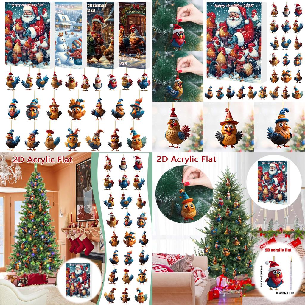 Weihnachts-Adventskalender mit 24 Acryl-Hahn-Dekorationen für die Feiertage