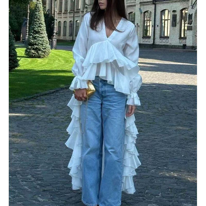 

Женский 2025 Весна, Лето и Осень Новый Милый и Свежий V-образный вырез Длинный рукав Неровный подол в виде лепестков лотоса Короткий спереди и длинный сзади Белый Накидка White 2XL