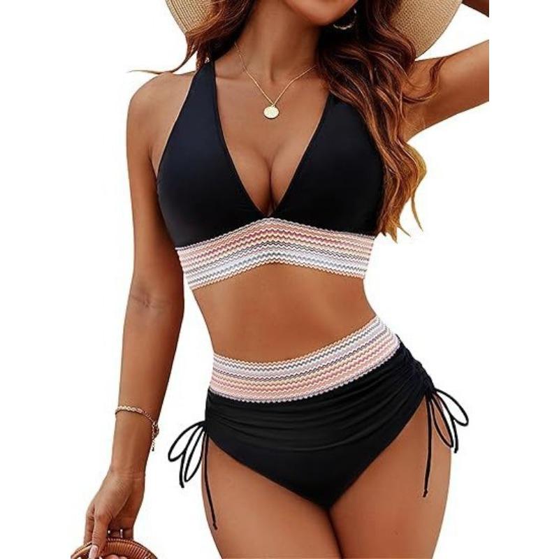 

Split swimsuit female sexy solid color V-neck tight halter high waist bikini swimsuit female S чёрный